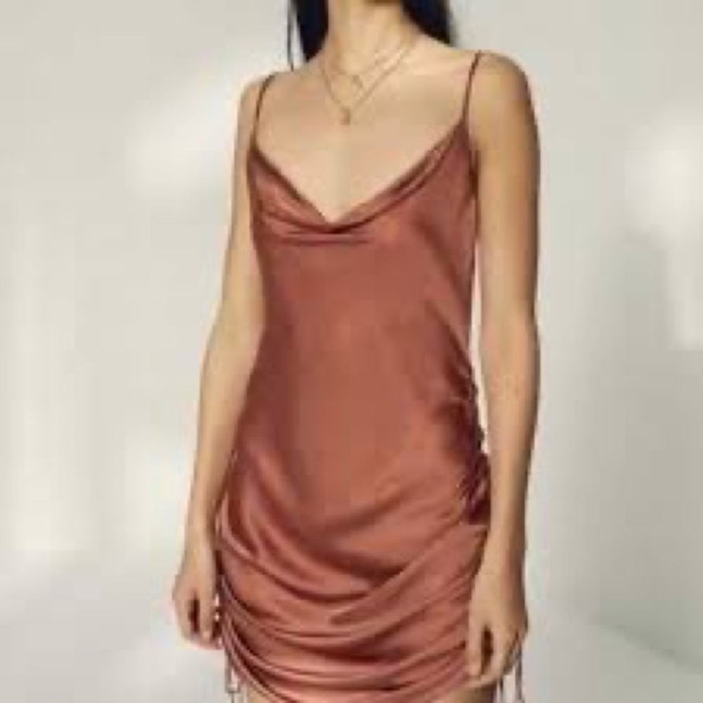 Aritzia Wilfred Only Peach Satin Cowl Neck Ruched Slip Dress Size L